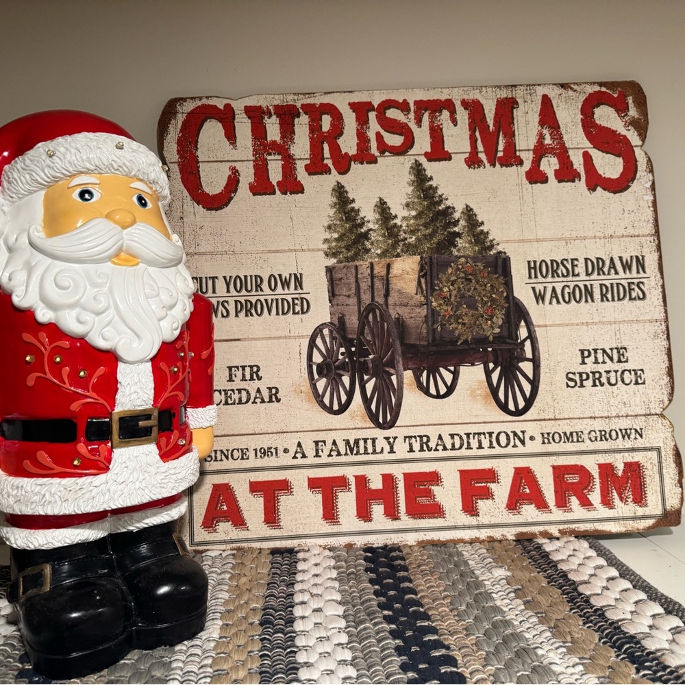 Christmas Farm Sign with Santa Figurine